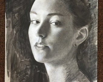 Juli, retrato de medios mixtos en mylar, fijado a la tabla del museo, acuarela, lápiz de color, arte blanco y negro, dibujo original OOAK