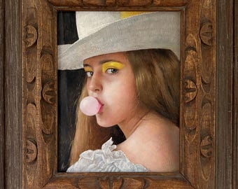 Bubble, orginal 7 x 9 inch mixed media painting, in antique frame