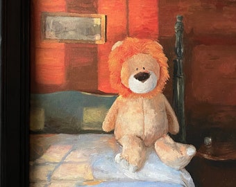 The Loneliest Lion, one of a kind, original oil painting on canvas in refurbished vintage wood frame, painting of a lion, stuffed animal