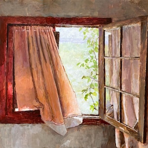 Alles was übrig ist , einzigartiges Acrylbild auf Tafel eines Fensters mit Blick auf einen Sommertag, impressionistische Malerei