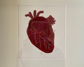 Jeweled Anatomical Heart, handmade painting with decorative jewels and glitter, in shadowbox frame, ready to hang, one of a kind