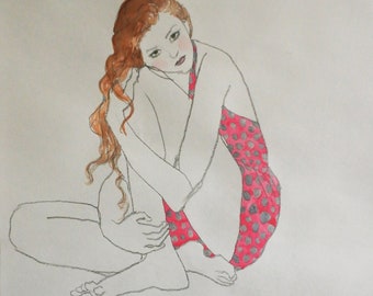 drawing of a woman in a pink polka dot romper with watercolor and metallic accents, one of a kind original line drawing in Schiele style