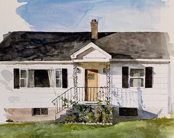 tidy house, watercolor painting of white colonial house, one of a kind on cold press Arches watercolor paper, original house portrait