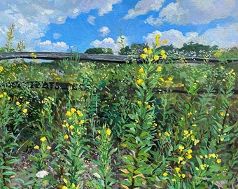 Common Evening Primrose, gouache painting of wildflowers in a field, original framed art, impressionist colorful flower study