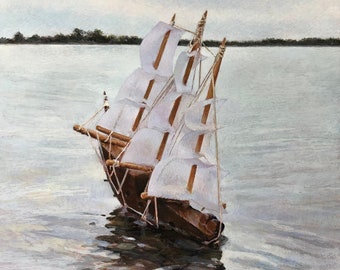Out to Sea, original egg tempera painting on panel in refurbished vintage frame, one of a kind, sailing ship painting, toy ship