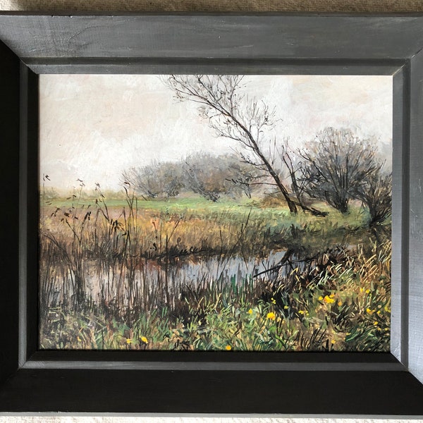 Fox Valley, gouache painting on panel, refurbished vintage frame, original landscape painting of river gallery in fog, moody, impressionism
