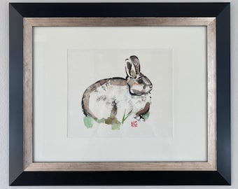 Watercolor Rabbit painting in the style of Sumi-e, simple brush painting of a rabbit, matted, framed, and ready to hang, rabbit painting