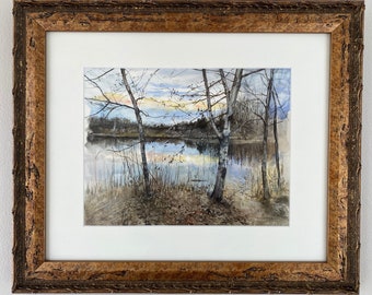 Birch on Rubber Duck Pond, original watercolor landscape painting, under archival mat in vintage frame and ready to hang