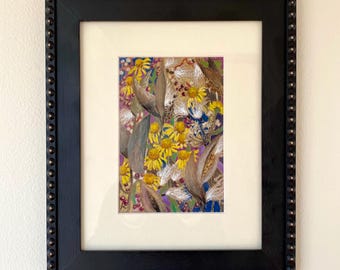 Original pastel, Milkweed and Sneezeweed, oil pastel on kraft paper, framed and ready to hang, original, one of a kind art.