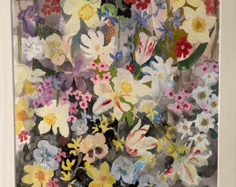 Springtime Floral, one of a kind, gouache painting, matted, framed and ready to hang