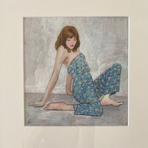 Joyful Jumpsuit, gouache painting of woman in a blue printed jumpsuit, under archival mat in white frame, ready to hang, inspired by Schiele image 6