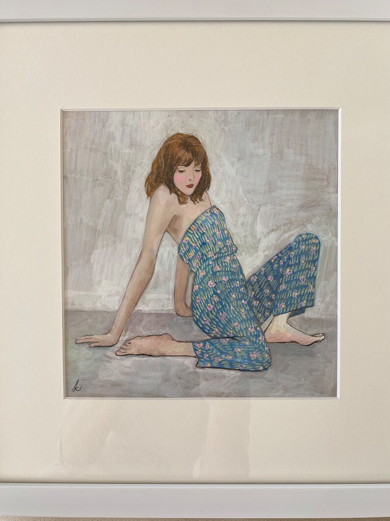 Joyful Jumpsuit, gouache painting of woman in a blue printed jumpsuit, under archival mat in white frame, ready to hang, inspired by Schiele image 6