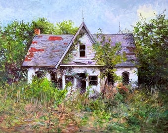 Green Gables, one of a kind, handpainting original work of art with an abandoned house, acrylic on panel, frames and ready to hang, gothic