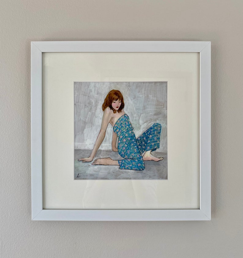 Joyful Jumpsuit, gouache painting of woman in a blue printed jumpsuit, under archival mat in white frame, ready to hang, inspired by Schiele image 2