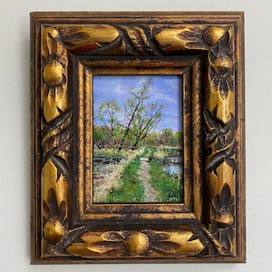 The Way Over, gouache painting of path in early spring in recycled vintage gold frame, one of a kind, original art, landscape painting image 2