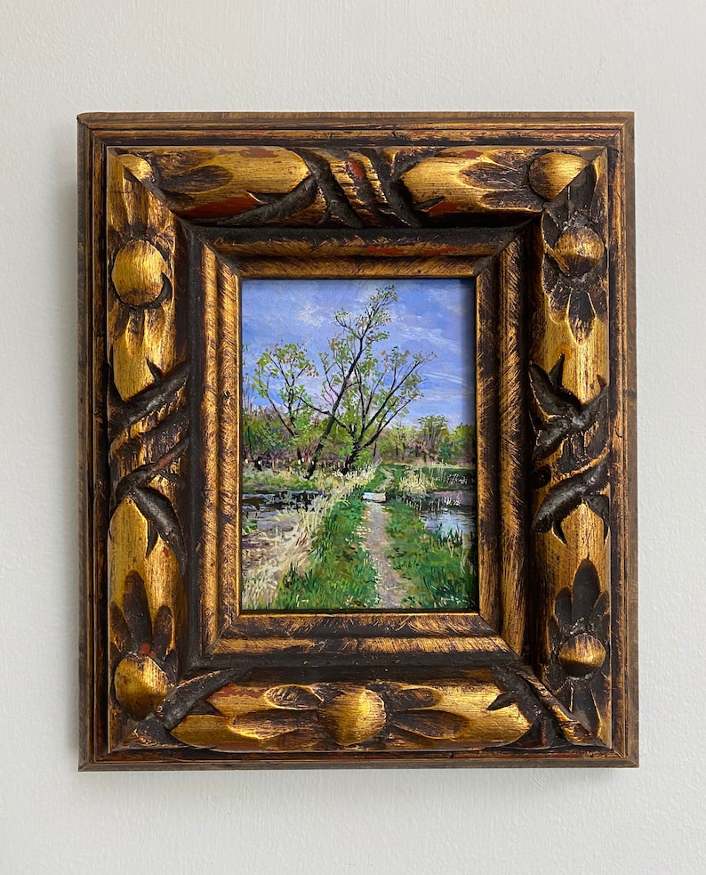 The Way Over, gouache painting of path in early spring in recycled vintage gold frame, one of a kind, original art, landscape painting image 2