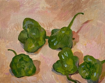 Mad Hatters, original acrylic painting of Mad Hatter peppers on canvas, miniature still life painting on stretched canvas