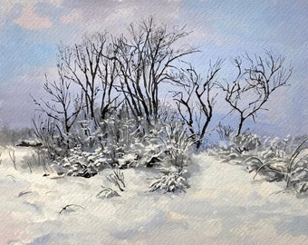 Winter Blanket, original gouache painting of trees in the snow, under archival mat and in recycled frame, ready to hang, original painting