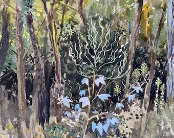 Watercolor painting, End of Summer, Poplar, one of kind, original oil painting of the woods on a later summer day.