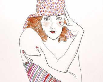 woman in striped dress and bandana fashion illustration, pencil with watercolor on paper, original fashion illustration, fashion drawing