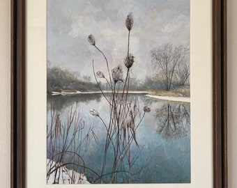 Wild Carrot in Winter, original gouache painting of queen anne's lace or wild carrot on the banks of the Fox River, ready to hang