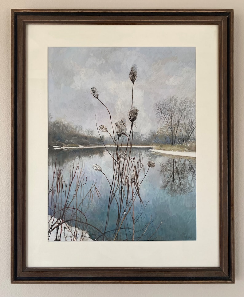 Wild Carrot in Winter, original gouache painting of queen anne's lace or wild carrot on the banks of the Fox River, ready to hang image 1