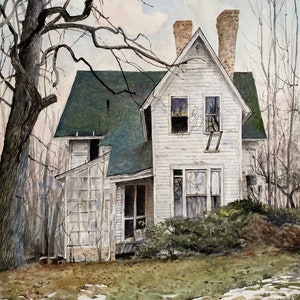 RESERVED for STEPHANIE Crabapple Island, original watercolor painting of an abandoned farm house in Illinois. image 1