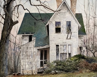 Crabapple Island, original watercolor painting of an abandoned farm house in Illinois.