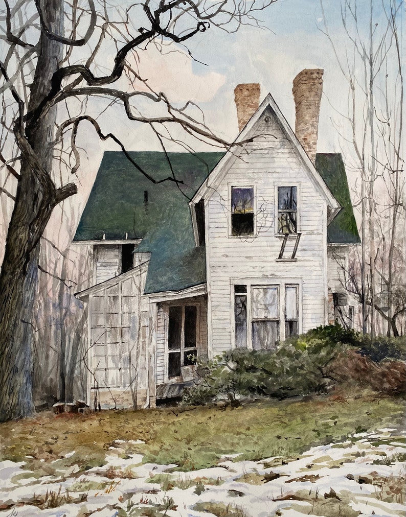 Crabapple Island, original watercolor painting of an abandoned farm house in Illinois. image 1