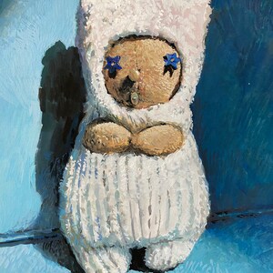 Bear in Space Suit, gouache painting, original, one of a kind art, teddy bear wearing a protective suit, small gouache painting on paper