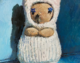 Bear in Space Suit, gouache painting, original, one of a kind art, teddy bear wearing a protective suit, small gouache painting on paper