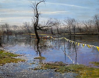 Original painting, High Waters, Fox River Dam, one of a kind gouache painting of flags over local river, matter and ready to hang