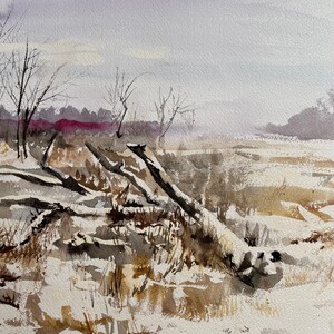 winter, sumac, one of a kind original watercolor painting on Arches cold press paper, winter scene of wetlands and snow