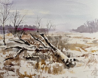 winter, sumac, one of a kind original watercolor painting on Arches cold press paper, winter scene of wetlands and snow