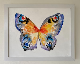 Watercolor Butterfly, original, one of a kind oil painting on canvas of a handmade butterfly, framed and ready to hang, beautiful and cheery