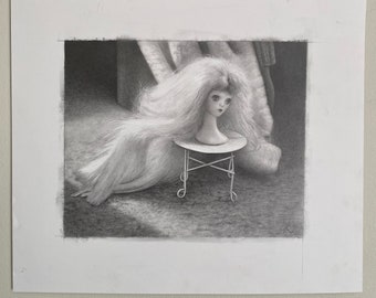 the stand, highly detailed graphite drawing of doll head as a wig stand, strange noir art, black and white, Barbie doll drawing