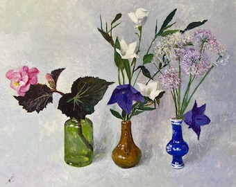 Original floral painting of begonia, balloon flower, and wild onion, casein painting on panel in vintage frame, ready to hang, milk paint