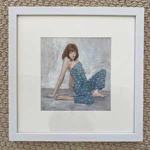 Joyful Jumpsuit, gouache painting of woman in a blue printed jumpsuit, under archival mat in white frame, ready to hang, inspired by Schiele image 9