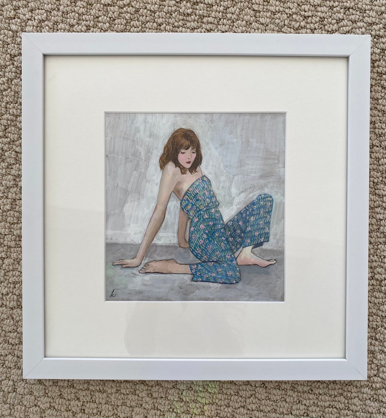 Joyful Jumpsuit, gouache painting of woman in a blue printed jumpsuit, under archival mat in white frame, ready to hang, inspired by Schiele image 9