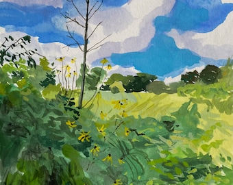 May include: A watercolor painting of a landscape with a tall, bare tree in the foreground. The tree is silhouetted against a blue sky with white clouds. There are yellow flowers in the foreground and green foliage.