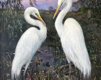 Egrets, one of a kind original acrylic painting of egrets on a moonlit night in a marsh, egret painting, painting of egrets, bird art
