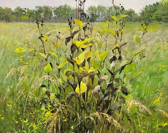 Spent Sunflowers, Rainy Day, original gouache painting of wildflowers, under mat, in refurbished vintage wooden frame, ready to hang