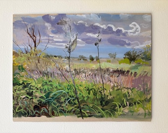 Original Gouache Painting, Milkweed Field, Native Prairie Art