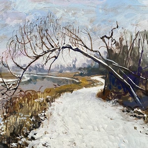 Winter Arch, pintura gouache original de una escena invernal a lo largo de un río, bajo alfombra de archivo y enmarcada en marco reciclado vintage, arte invernal