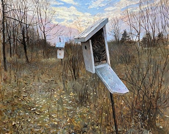 Open House, Gouachemalerei von Vogelhäuschen, Originalmalerei einer Landschaft mit einem offenen Vogelhaus, Vogelhausmalerei