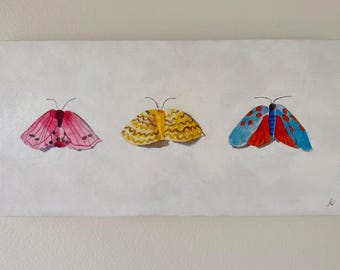 Paper Moths, one of kind, original oil painting on canvas, realistic painting of paper moths decorated with watercolor paint, cheerful art