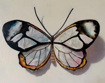 Glasswing Butterfly Oil Painting, Watercolor Paper Craft, One-of-a-Kind Art