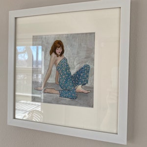 Joyful Jumpsuit, gouache painting of woman in a blue printed jumpsuit, under archival mat in white frame, ready to hang, inspired by Schiele image 8