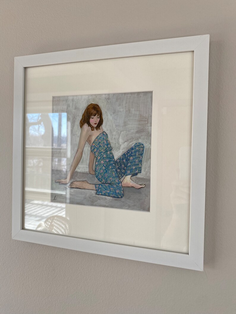 Joyful Jumpsuit, gouache painting of woman in a blue printed jumpsuit, under archival mat in white frame, ready to hang, inspired by Schiele image 8