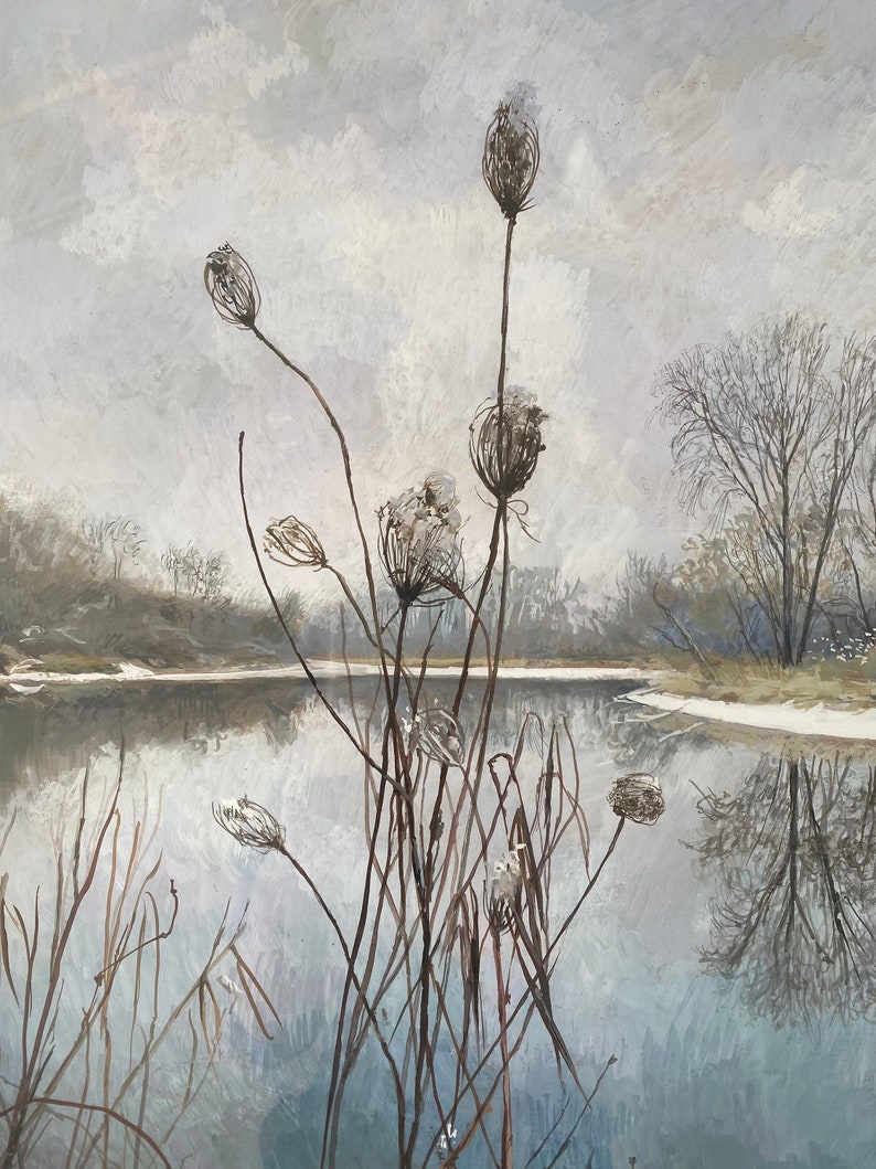 Wild Carrot in Winter, original gouache painting of queen anne's lace or wild carrot on the banks of the Fox River, ready to hang image 9